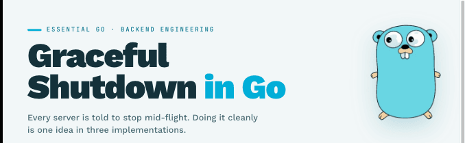 Title card reading 'Graceful Shutdown in Go' over the kicker 'Essential Go · Backend Engineering', with the Go gopher mascot.